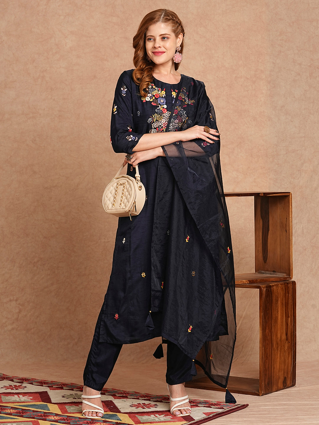 Floral Hand Embroidered Straight Kurta with Pant & Dupatta - Navy Blue