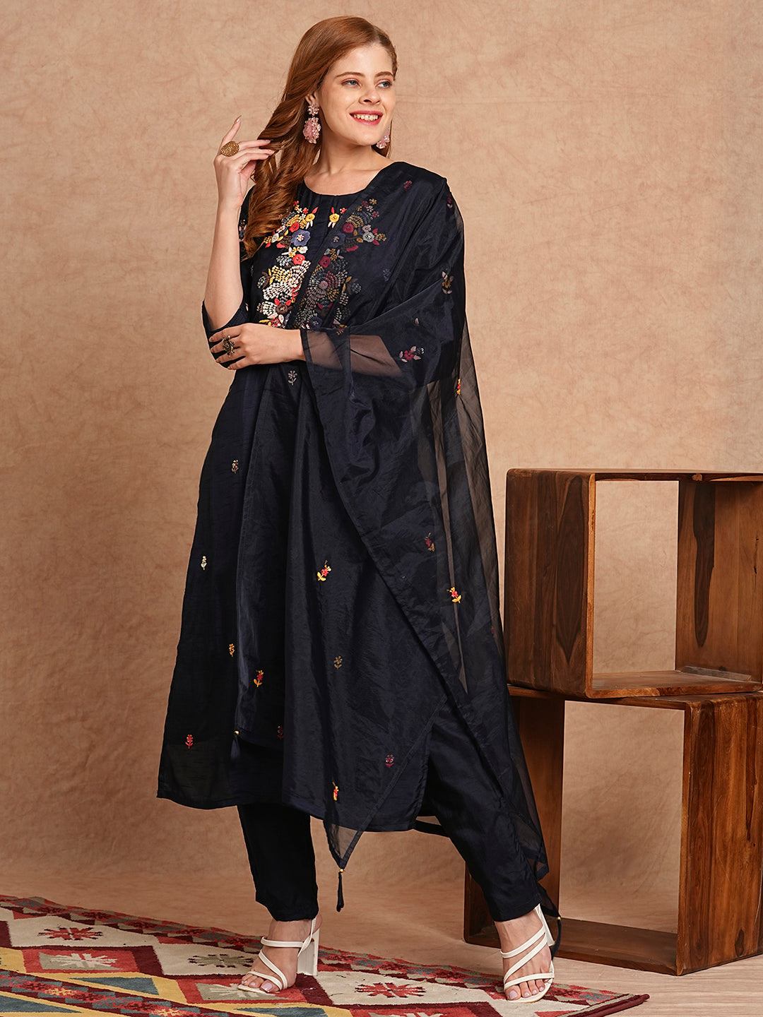 Floral Hand Embroidered Straight Kurta with Pant & Dupatta - Navy Blue