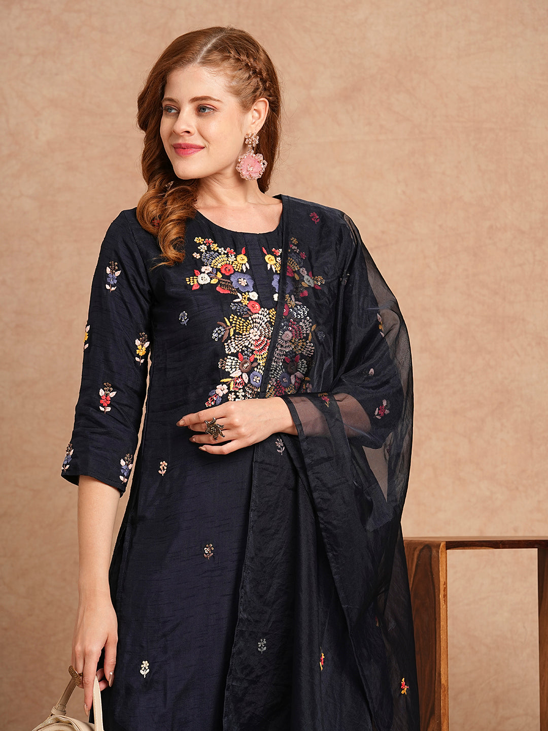 Floral Hand Embroidered Straight Kurta with Pant & Dupatta - Navy Blue