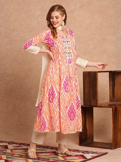 Ethnic Ikat Printed & Embroidered Anarkali Kurta with Pant and Dupatta - Peach