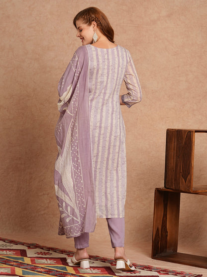 Ethnic Stripes Printed Straight Fit Kurta with Pant and Pure Cotton Printed Dupatta - Lavender