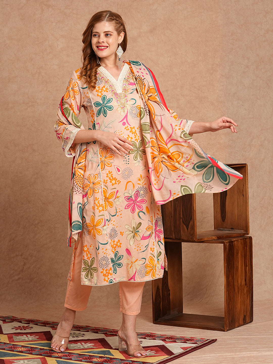 Floral Foil Printed & Embroidered A-Line Kurta with Pant & Dupatta - Peach