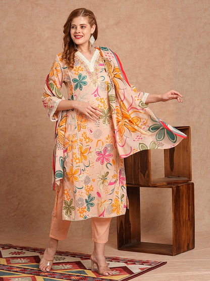 Floral Foil Printed & Embroidered A-Line Kurta with Pant & Dupatta - Peach