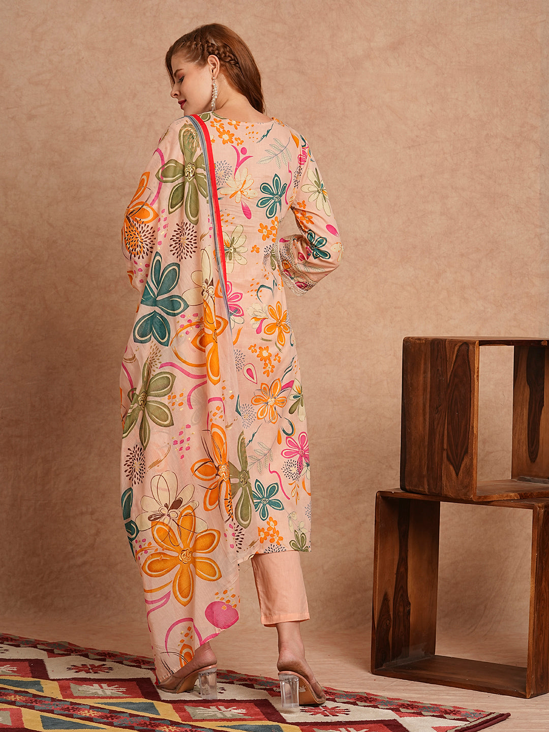 Floral Foil Printed & Embroidered A-Line Kurta with Pant & Dupatta - Peach