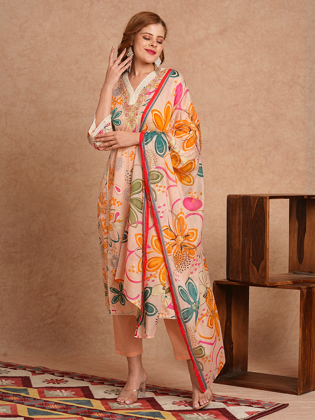 Floral Foil Printed & Embroidered A-Line Kurta with Pant & Dupatta - Peach