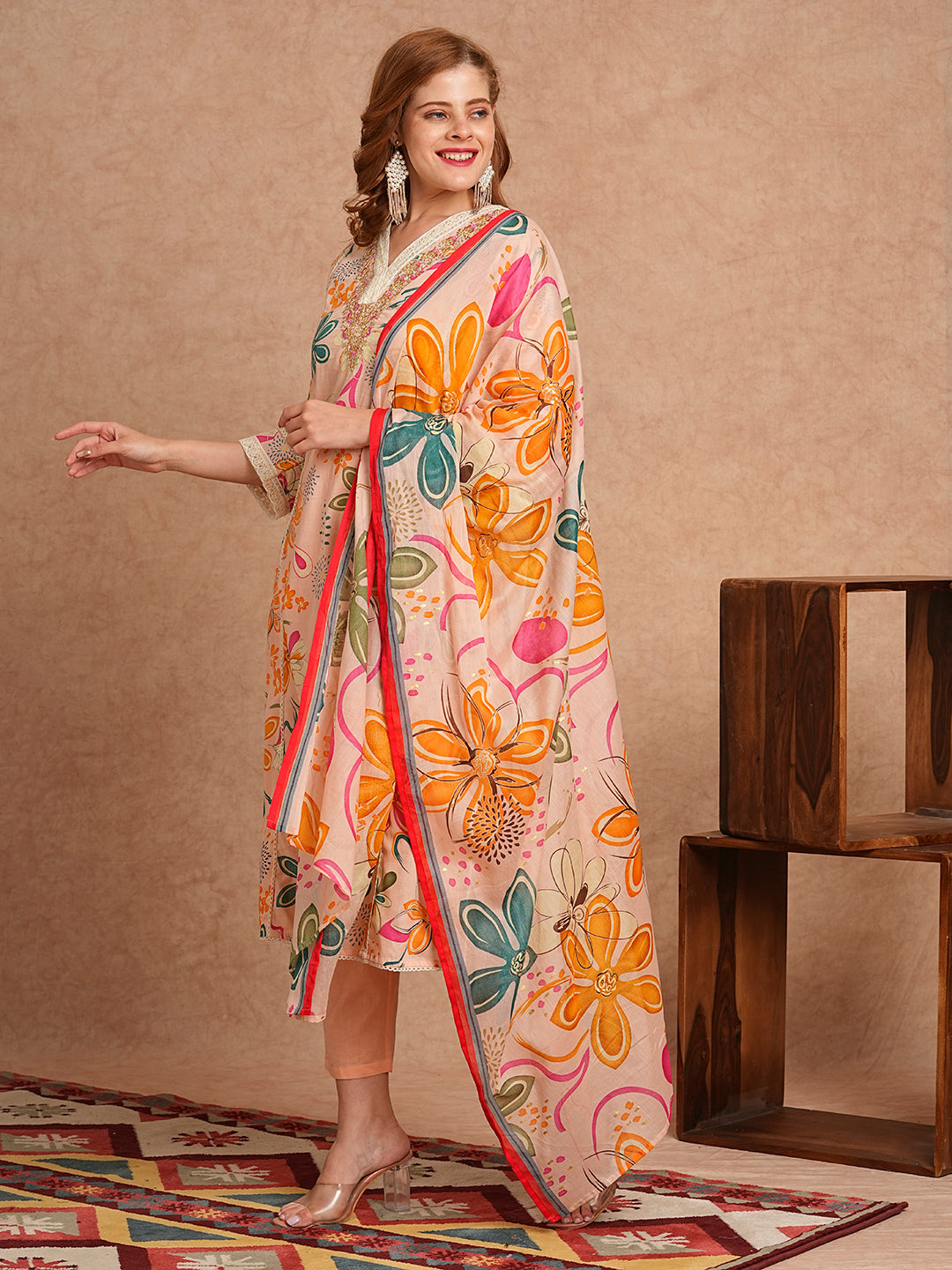 Floral Foil Printed & Embroidered A-Line Kurta with Pant & Dupatta - Peach