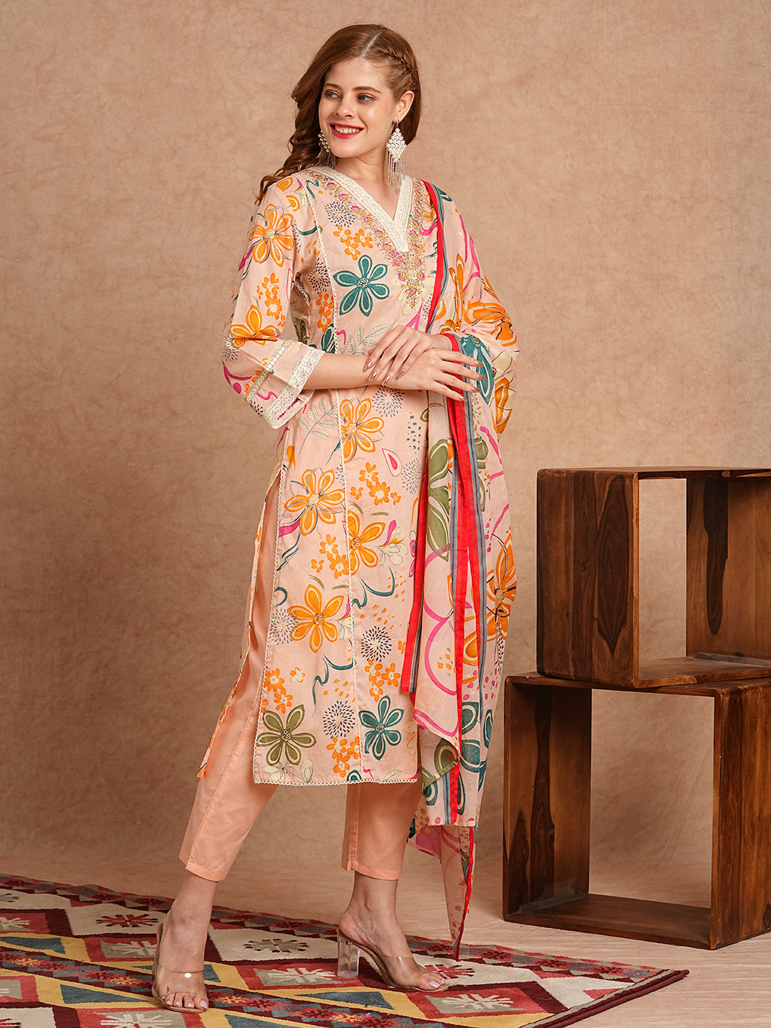 Floral Foil Printed & Embroidered A-Line Kurta with Pant & Dupatta - Peach