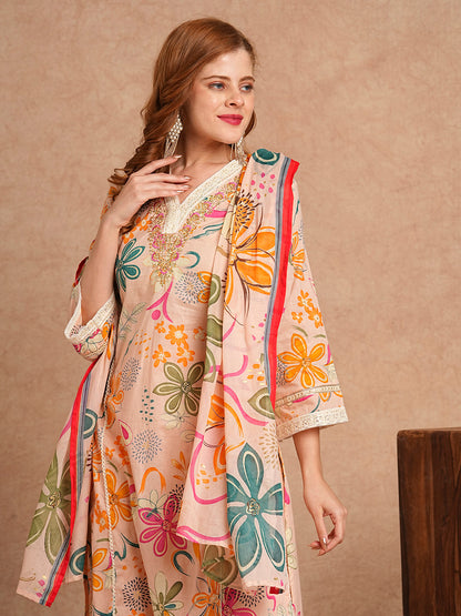 Floral Foil Printed & Embroidered A-Line Kurta with Pant & Dupatta - Peach