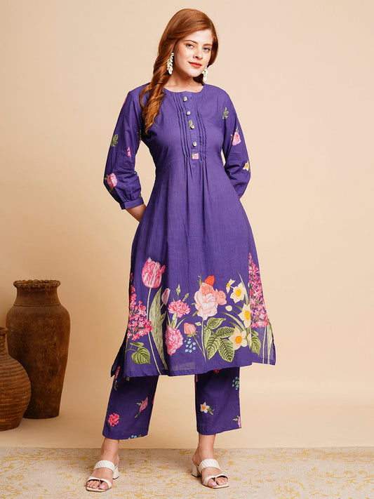 Floral Printed & Coined A-Line Kurta with Pant - Purple