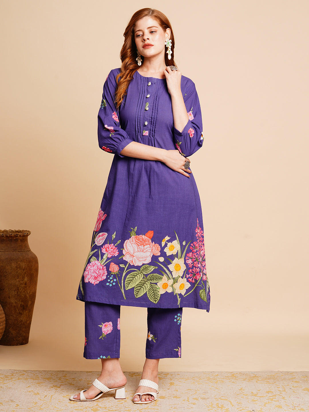 Floral Printed & Coined A-Line Kurta with Pant - Purple