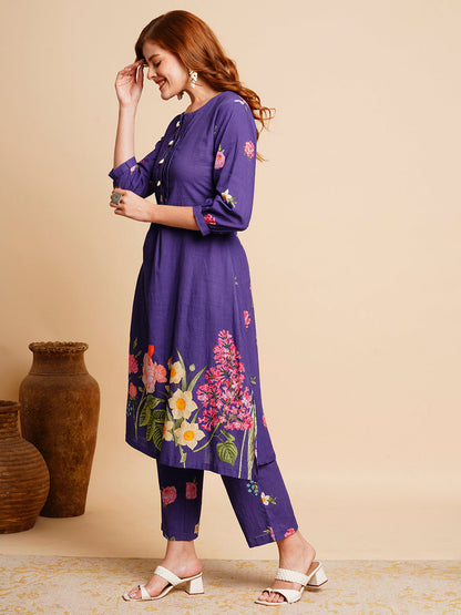 Floral Printed & Coined A-Line Kurta with Pant - Purple