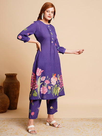 Floral Printed & Coined A-Line Kurta with Pant - Purple