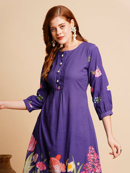 Floral Printed & Coined A-Line Kurta with Pant - Purple