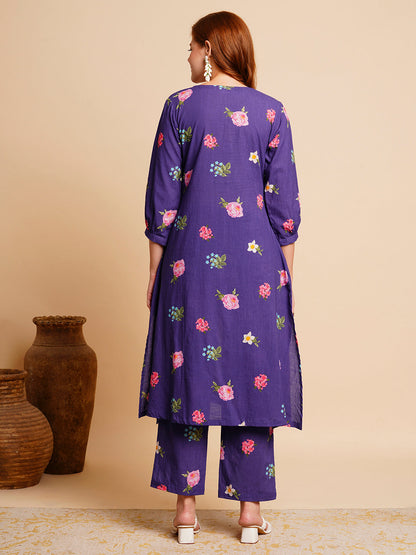 Floral Printed & Coined A-Line Kurta with Pant - Purple