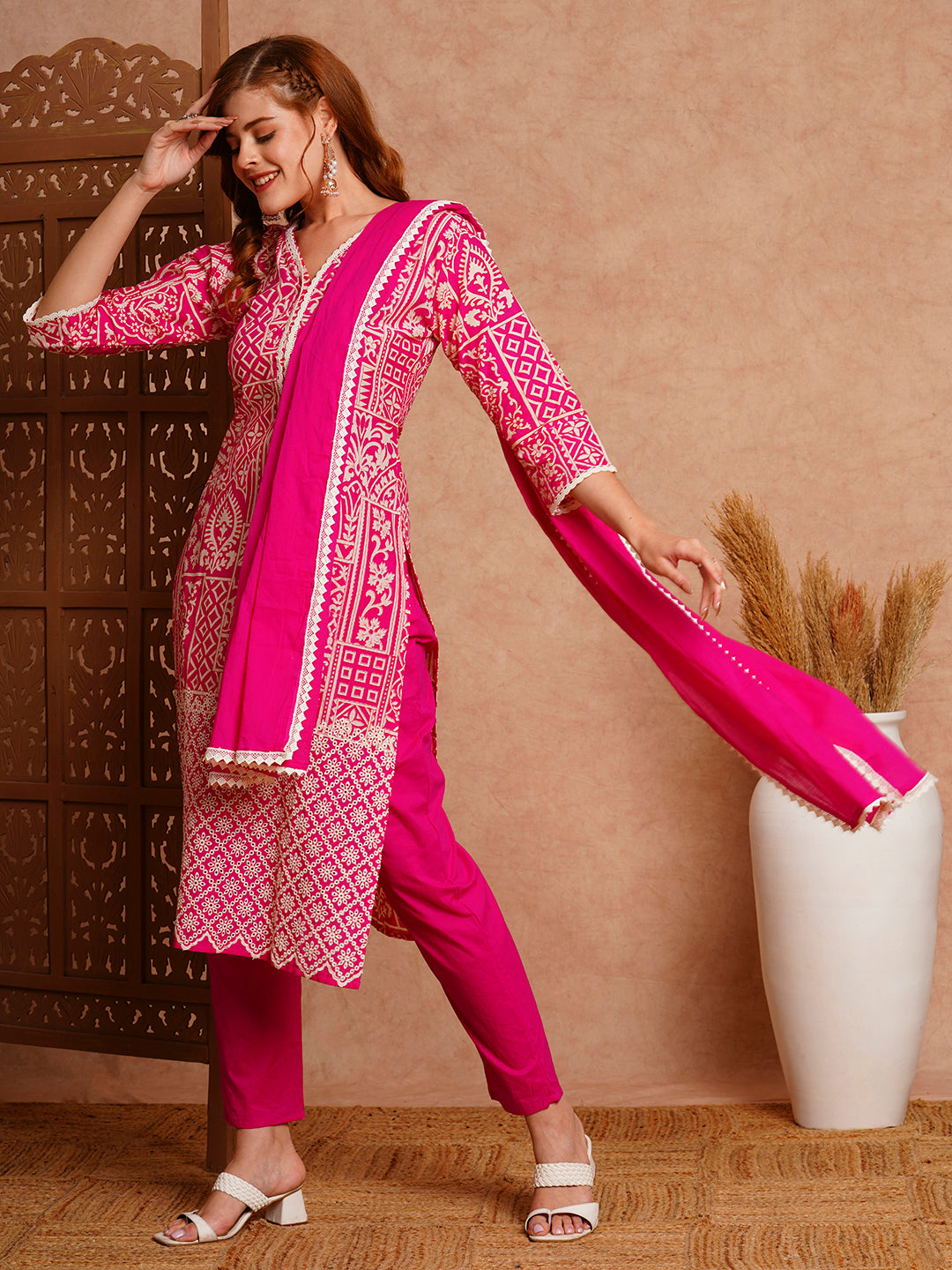 Ethnic Floral Printed Straight Kurta with Pant & Pure Cotton Dupatta - Pink