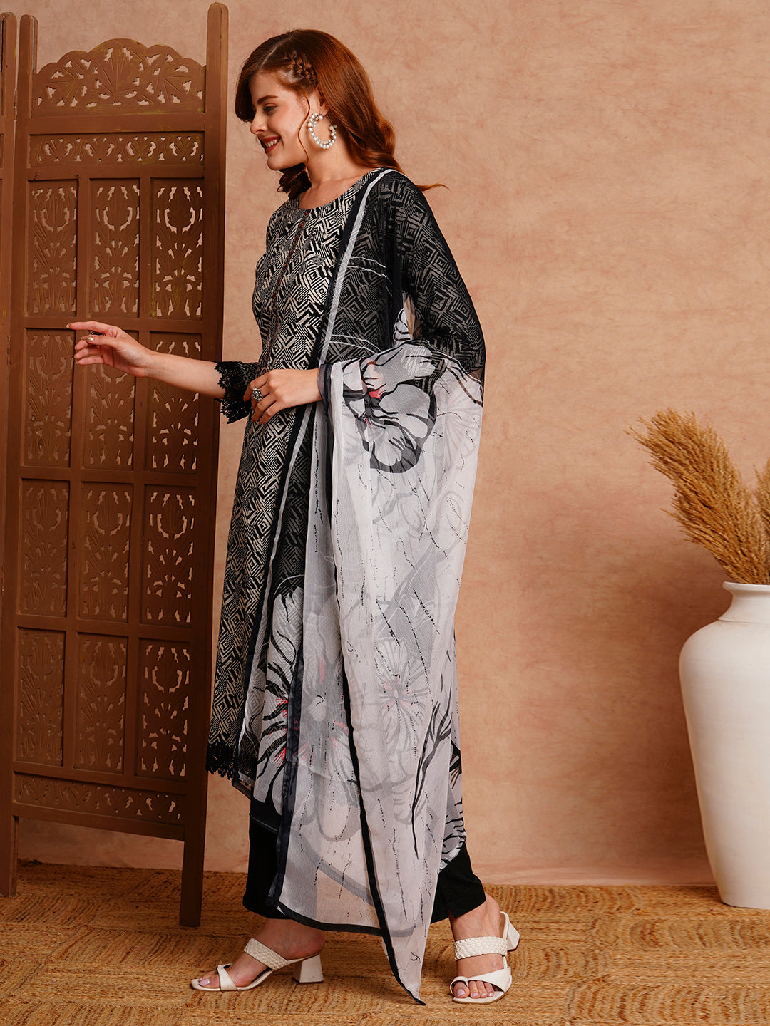 Ethnic Stripes Printed & Embroidered Straight Kurta with Pant & Dupatta - Black