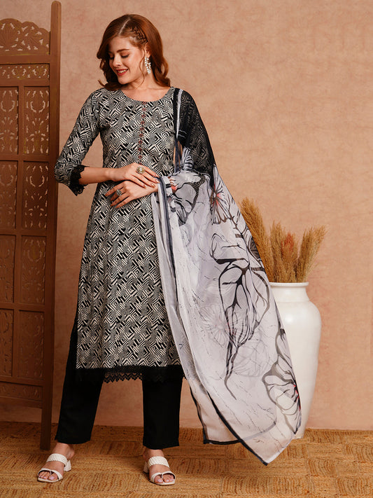 Ethnic Stripes Printed & Embroidered Straight Kurta with Pant & Dupatta - Black