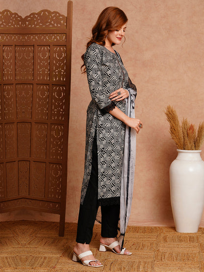 Ethnic Stripes Printed & Embroidered Straight Kurta with Pant & Dupatta - Black