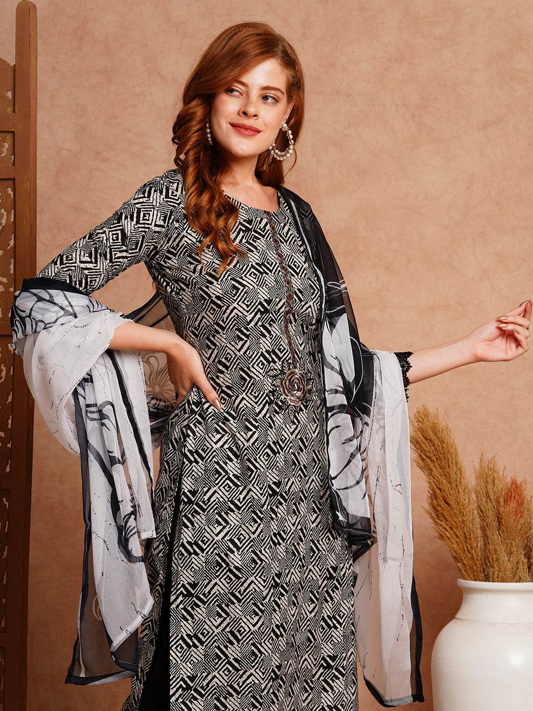 Ethnic Stripes Printed & Embroidered Straight Kurta with Pant & Dupatta - Black