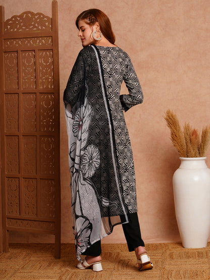 Ethnic Stripes Printed & Embroidered Straight Kurta with Pant & Dupatta - Black