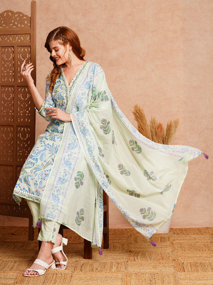 Floral Printed & Embroidered Straight Fit Kurta with Pant & Dupatta - Mint Green