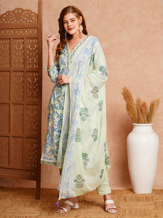 Floral Printed & Embroidered Straight Fit Kurta with Pant & Dupatta - Mint Green