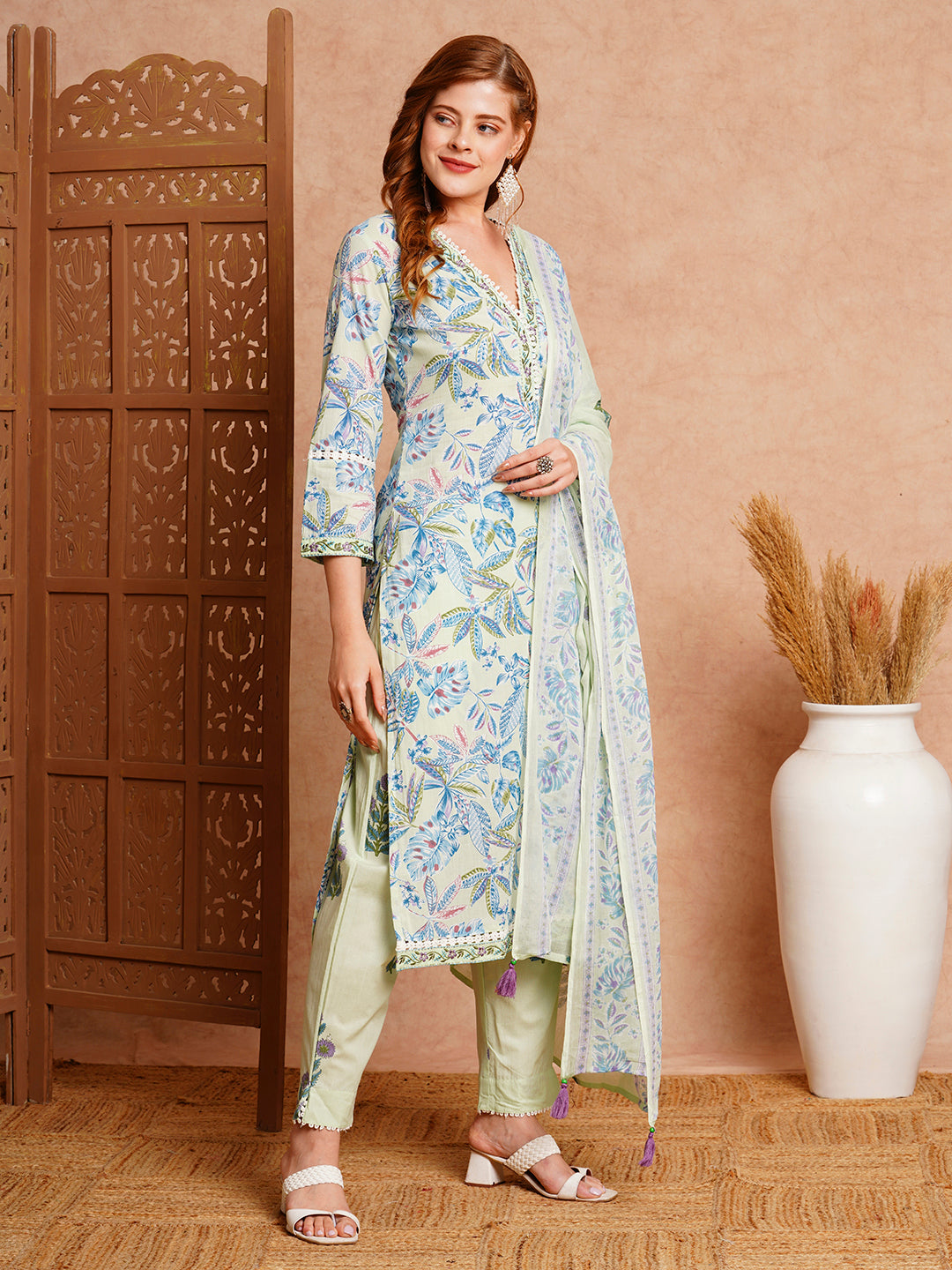 Floral Printed & Embroidered Straight Fit Kurta with Pant & Dupatta - Mint Green