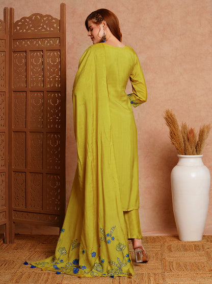 Floral Printed & Hand Embroidered Kurta with Pant & Dupatta - Lime Green