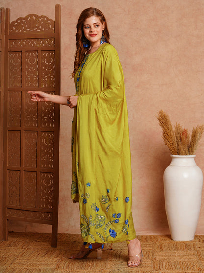 Floral Printed & Hand Embroidered Kurta with Pant & Dupatta - Lime Green