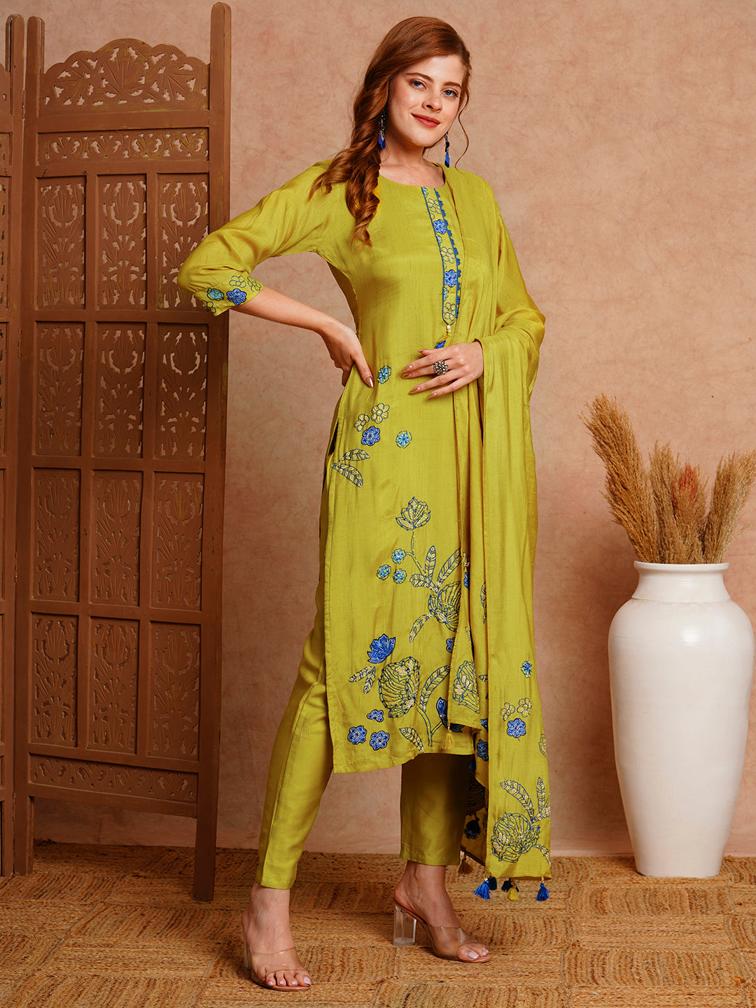 Floral Printed & Hand Embroidered Kurta with Pant & Dupatta - Lime Green