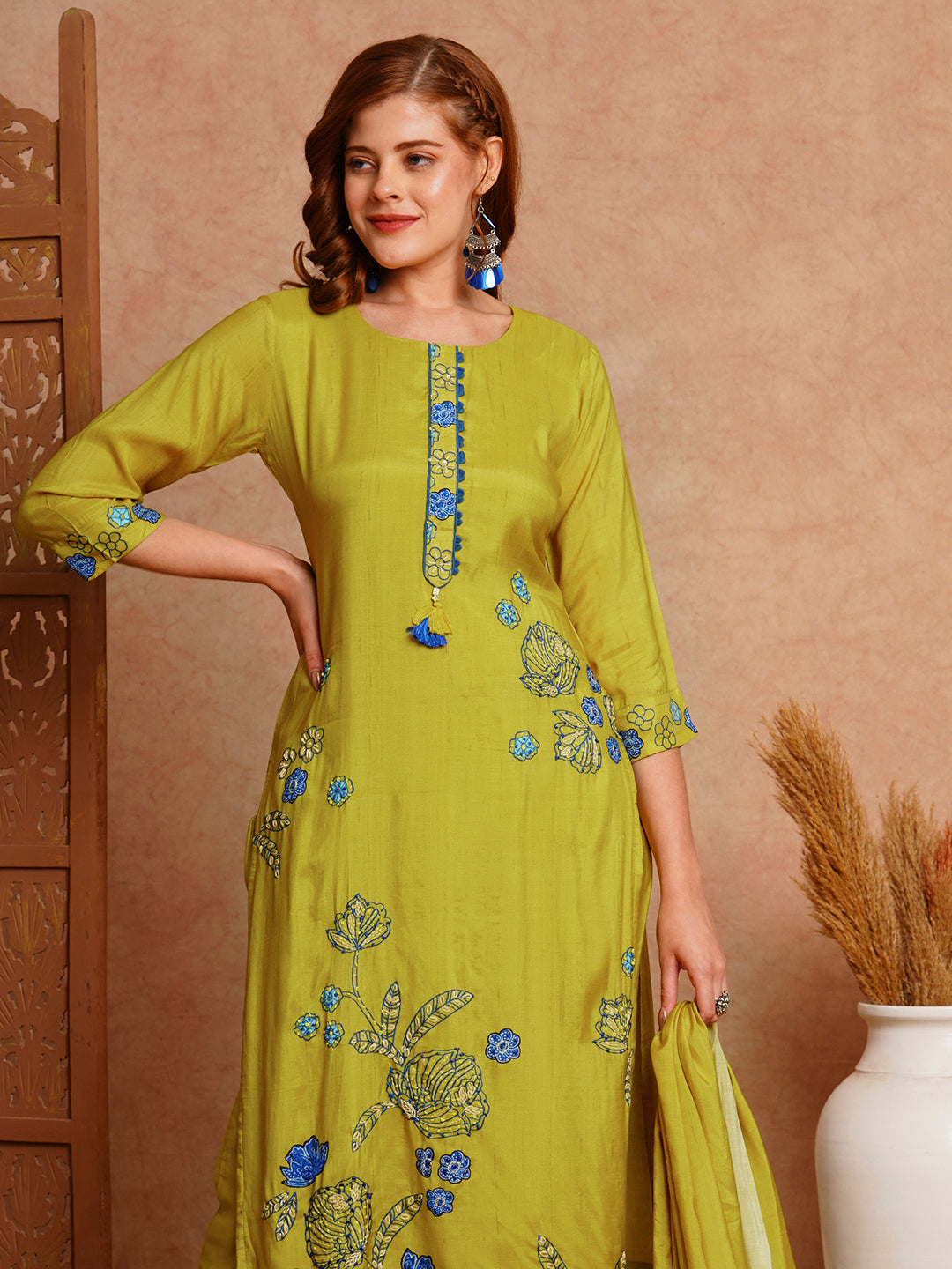 Floral Printed & Hand Embroidered Kurta with Pant & Dupatta - Lime Green