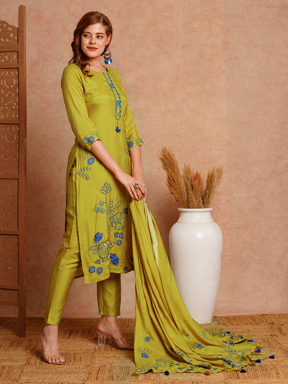 Floral Printed & Hand Embroidered Kurta with Pant & Dupatta - Lime Green