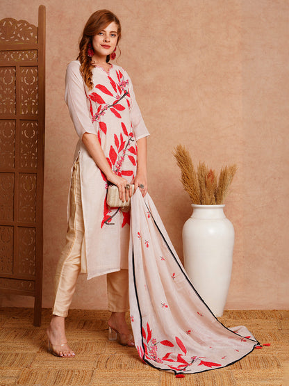 Floral Abstract Printed & Hand Embroidered Kurta with Pant & Dupatta - Off White