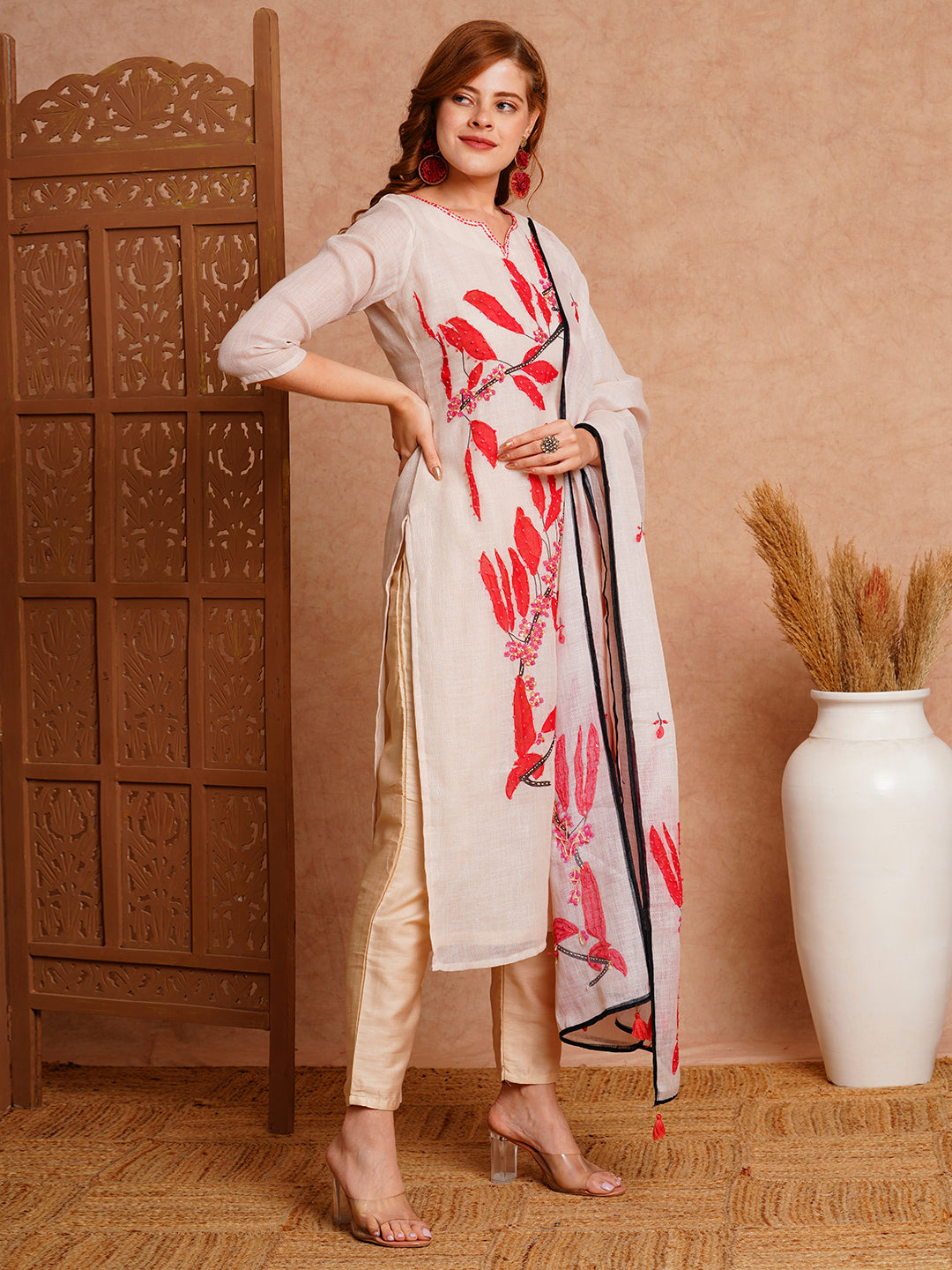 Floral Abstract Printed & Hand Embroidered Kurta with Pant & Dupatta - Off White