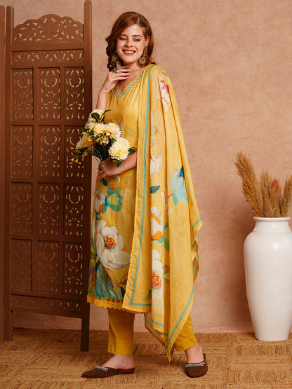 Floral Printed & Embroidered Kurta with Pant & Pure Cotton Dupatta - Yellow