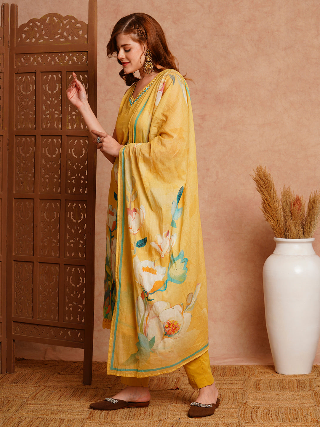 Floral Printed & Embroidered Kurta with Pant & Pure Cotton Dupatta - Yellow