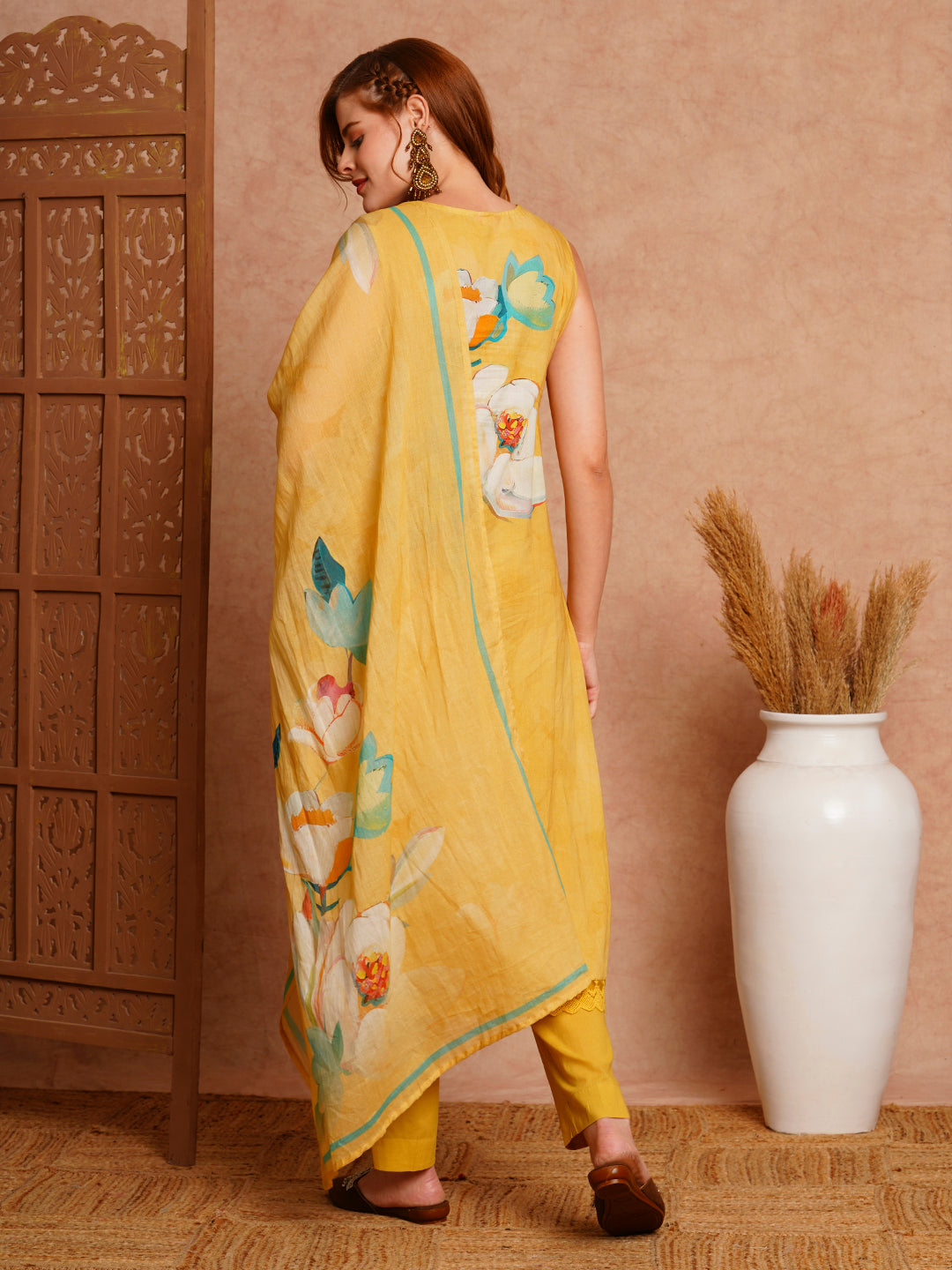 Floral Printed & Embroidered Kurta with Pant & Pure Cotton Dupatta - Yellow