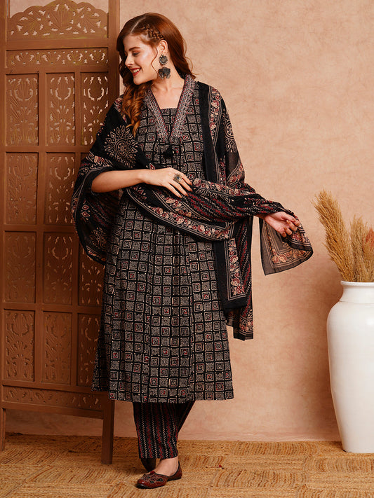 Ethnic Printed & Embroidered A-Line Kurta with Pant & Dupatta - Black