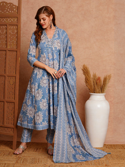 Floral Printed & Embroidered Anarkali Kurta with Pant & Pure Cotton Dupatta - Blue