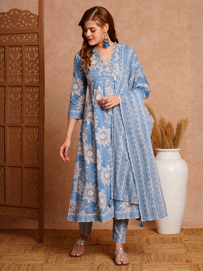 Floral Printed & Embroidered Anarkali Kurta with Pant & Pure Cotton Dupatta - Blue