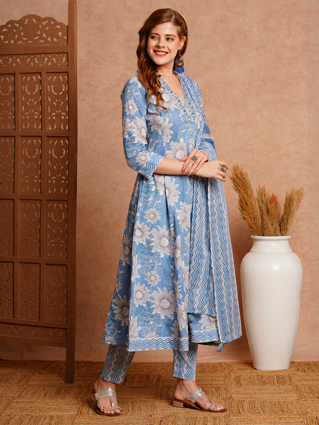 Floral Printed & Embroidered Anarkali Kurta with Pant & Pure Cotton Dupatta - Blue