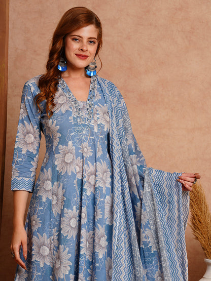 Floral Printed & Embroidered Anarkali Kurta with Pant & Pure Cotton Dupatta - Blue