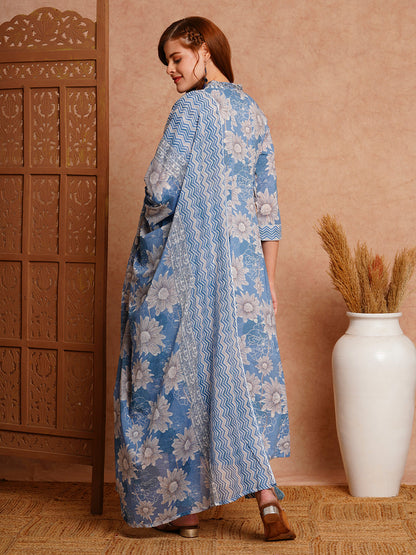 Floral Printed & Embroidered Anarkali Kurta with Pant & Pure Cotton Dupatta - Blue