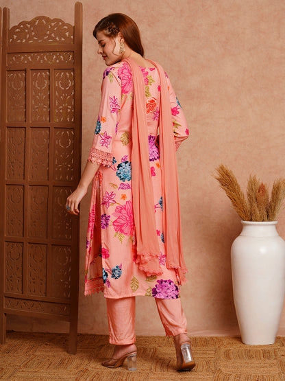 Floral Printed & Hand Embroidered Straight Fit Kurta with Pant & Dupatta - Peach