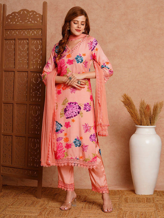 Floral Printed & Hand Embroidered Straight Fit Kurta with Pant & Dupatta - Peach