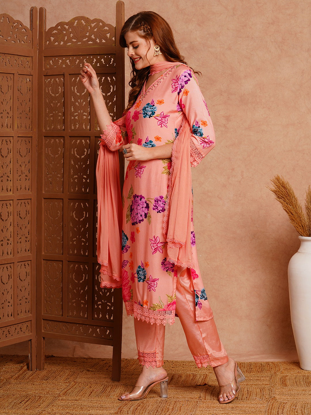 Floral Printed & Hand Embroidered Straight Fit Kurta with Pant & Dupatta - Peach