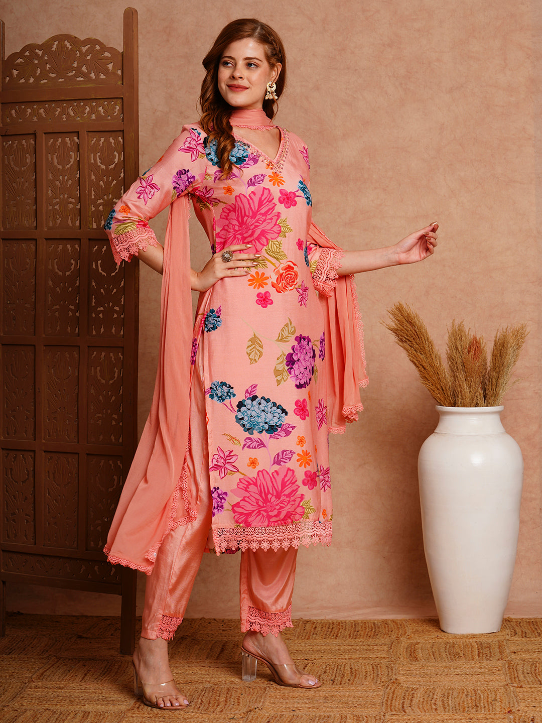 Floral Printed & Hand Embroidered Straight Fit Kurta with Pant & Dupatta - Peach