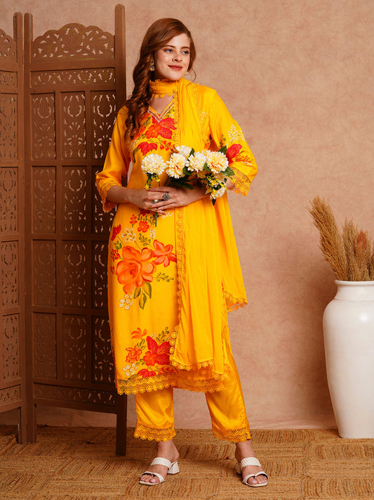 Floral Printed & Hand Embroidered Straight Kurta with Pant & Dupatta - Yellow