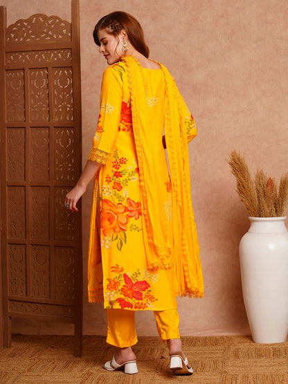 Floral Printed & Hand Embroidered Straight Kurta with Pant & Dupatta - Yellow