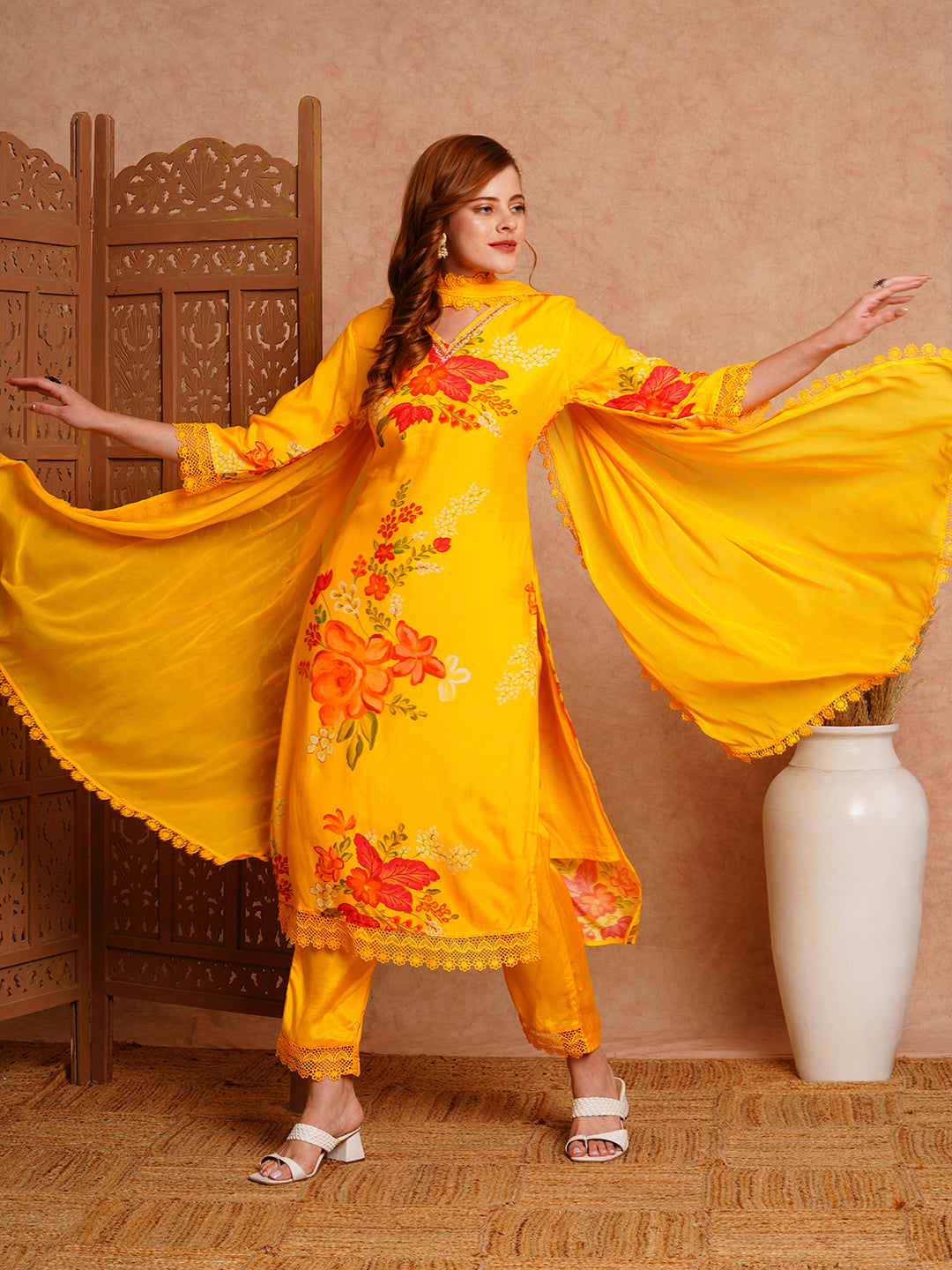 Floral Printed & Hand Embroidered Straight Kurta with Pant & Dupatta - Yellow